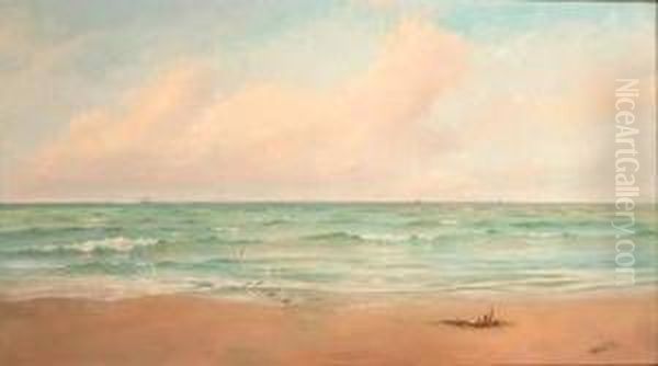 Waves Breaking On A Sandy Beach, Shipping On The Horizon Oil Painting by Horace Hale Stanton