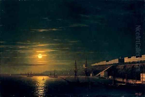 A moonlit view of Odessa from the Black Sea Oil Painting by Ivan Konstantinovich Aivazovsky