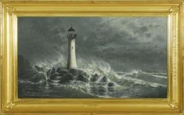 Waves Crashing On A Maine Lighthouse Oil Painting by Franklin Stanwood