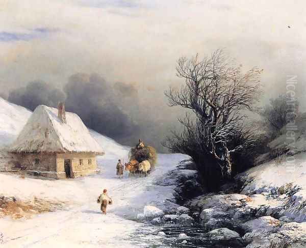 Little Russian Ox Cart in Wintert Oil Painting by Ivan Konstantinovich Aivazovsky