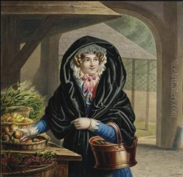 Jeune Femme Vetue D'une Cape Et Tenant Un Panier Rempli De Fruits Et Legumes Oil Painting by Michel Ghislain Stapleaux