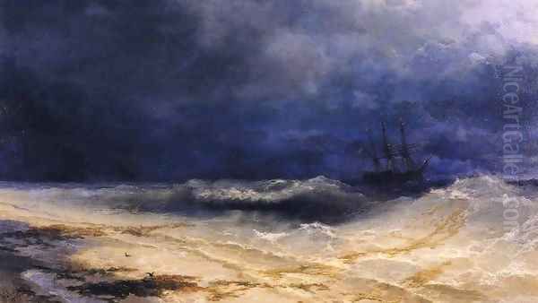 Ship in a Stormy Sea off the Coast Oil Painting by Ivan Konstantinovich Aivazovsky