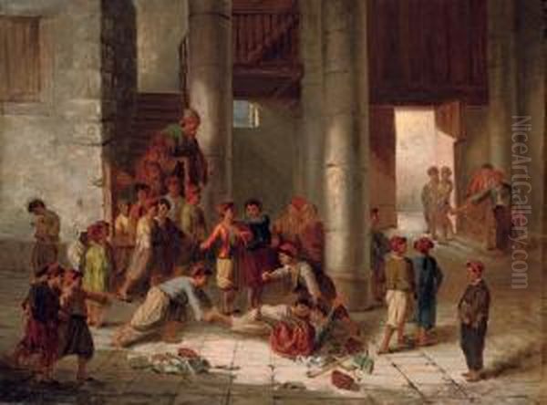 Mischief In The Schoolyard Oil Painting by Julius Josephus Gaspard Starck