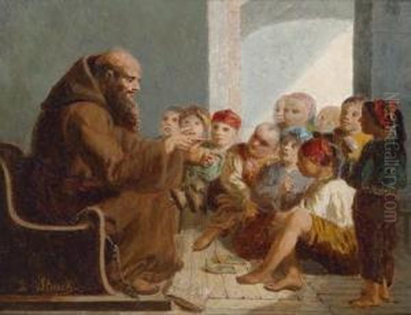 Franziskanermonch Mit Kindern Oil Painting by Julius Josephus Gaspard Starck