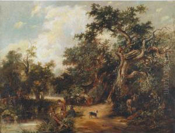 Gypsies Fishing From A Stream With Horse And Wagon Oil Painting by Arthur James Stark