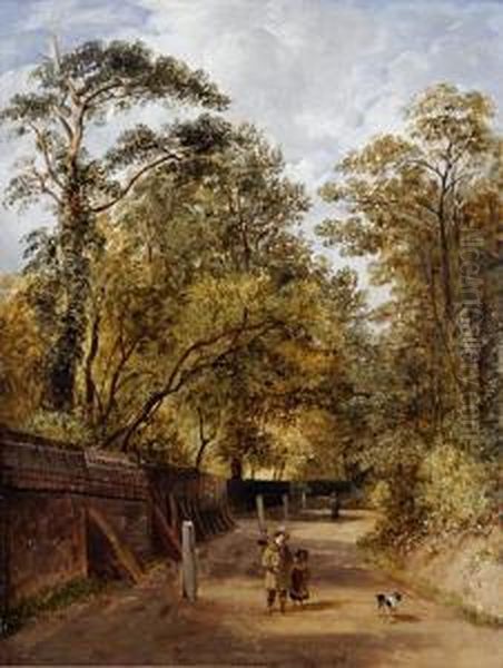 Children With A Dog On A Woodland Road Oil Painting by James Stark