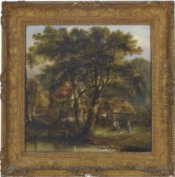 Figures By A Woodland Cottage Oil Painting by James Stark