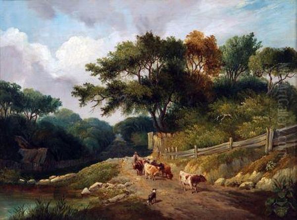 Herder With Dog And Cattle In A Wooded Lane Oil Painting by James Stark