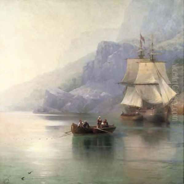 A fishing boat with a Russian merchant brig at anchor Oil Painting by Ivan Konstantinovich Aivazovsky