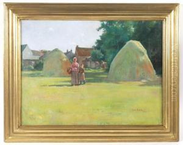 Haystacks With Figures Oil Painting by Otto Stark