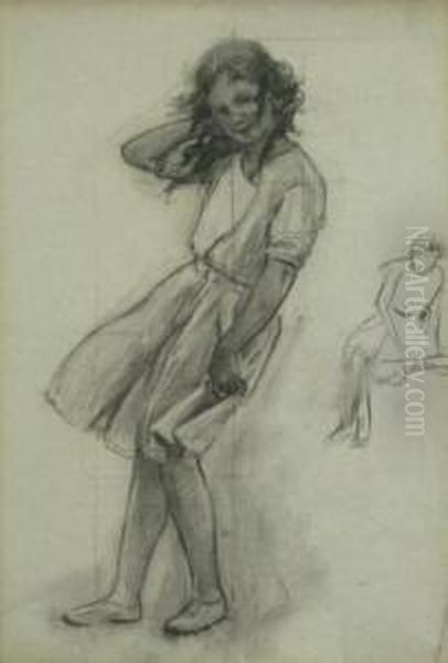 Sketch Of Little Girl On Blustery Day by Otto Stark