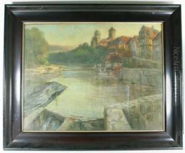 Blick Auf Eine Altstadtkulisse(wohl Besigheim A.n.) Mit Machtigem Kirchtum, Pastell(hinter Glas),56x70, Rahmen (altersspuren). Oil Painting by Erwin Starker