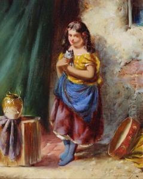 Young Girl Holding A Kitten Oil Painting by William Henry Starkey