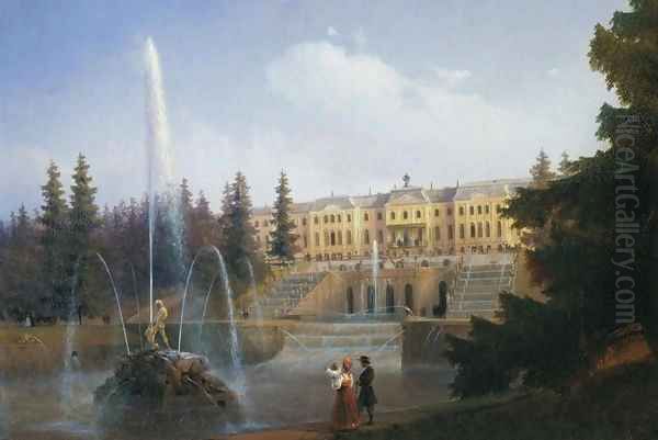 View of the Big Cascade in Petergof and the Great Palace of Petergof Oil Painting by Ivan Konstantinovich Aivazovsky