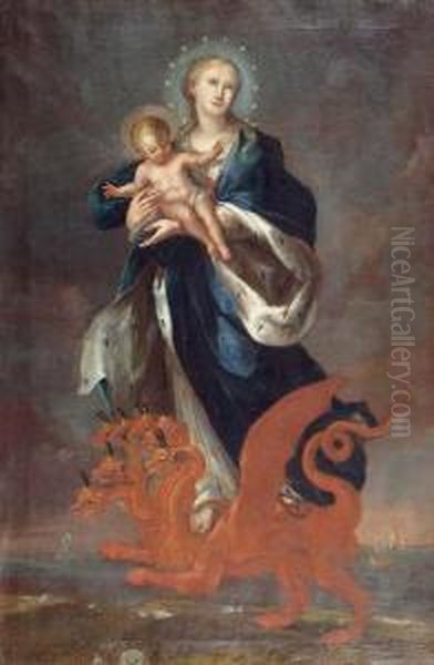 Madonna Mit Kind Auf Siebenkopfigem Drachen Stehend. Oil Painting by Jacob Carl Stauber