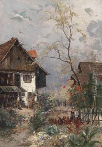 A Summer's Day In A Blossoming Cottage Garden Oil Painting by Vitus Staudacher