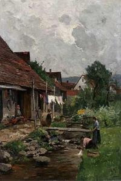 R.u.sig. Und Dat. 1897, Gaimesheim - Baden-baden, ?zwei Wascherinnen Am Dorfrand Oil Painting by Vitus Staudacher