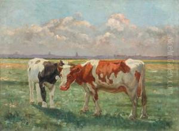 Heifers In The Meadow Oil Painting by Piet Staut