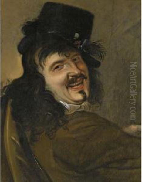 A Laughing Man Wearing A Black Hat Oil Painting by Petrus Staverenus