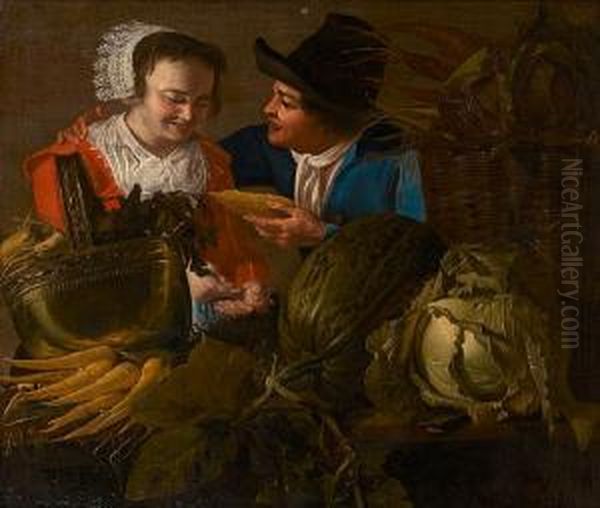 A Young Couple Standing Beside A Table Laden With Carrots, Cabbage And Other Vegetables Oil Painting by Petrus Staverenus