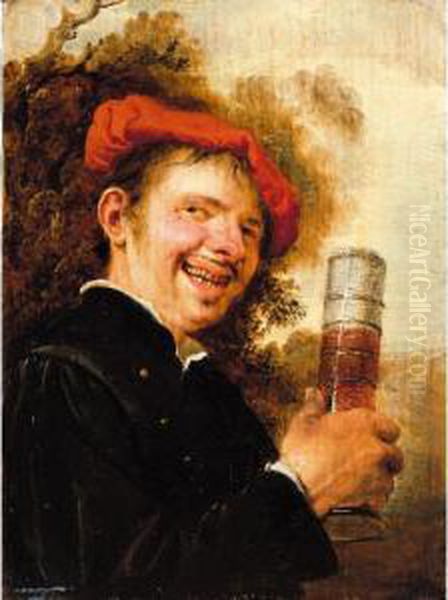 A Man Brandishing A Beer Glass Oil Painting by Petrus Staverenus