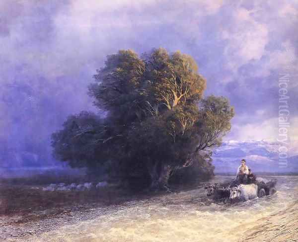 Ox Cart Crossing a Flooded Plain (detail) Oil Painting by Ivan Konstantinovich Aivazovsky