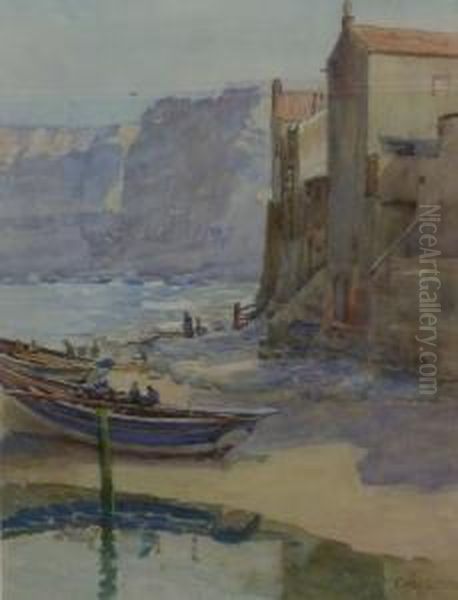 Cobles On The Beach Staithes Oil Painting by Frederick Stead