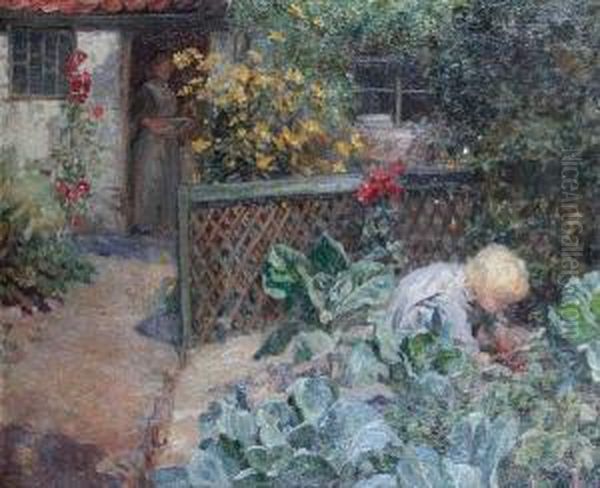 A Cottage Garden, Possibly At Staithes Oil Painting by Frederick Stead