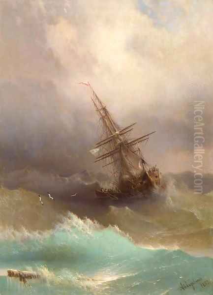 Ship in the Stormy Sea Oil Painting by Ivan Konstantinovich Aivazovsky