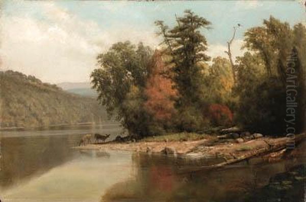 Deer At The River's Edge Oil Painting by Junius Brutus Stearns