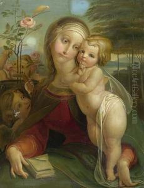 Madonna And Child Before A Landscape Encircled By Angels. Oil Painting by Franz Anton Stecher