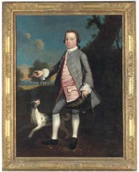 Portrait Of A Young Boy, Full-length, In A Silver Coat And Pink Waistcoat, Holding A Tricorn In His Left Hand, A Spaniel Beside Him, In A Landscape Oil Painting by Christopher Steele