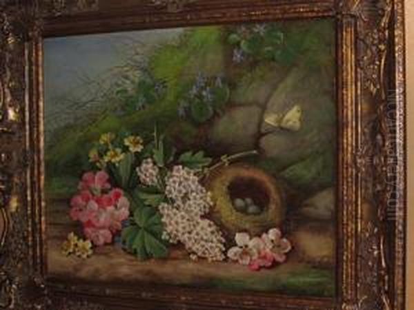 Still Life Of Flowers And Birds Nest With Eggs Oil Painting by Edwin Steele