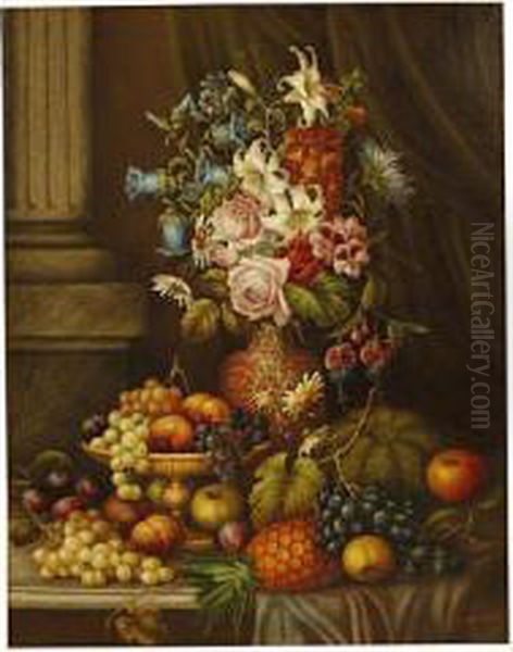 Still Life Of Flowers And Fruit Next A Marble Column Oil Painting by Edwin Steele