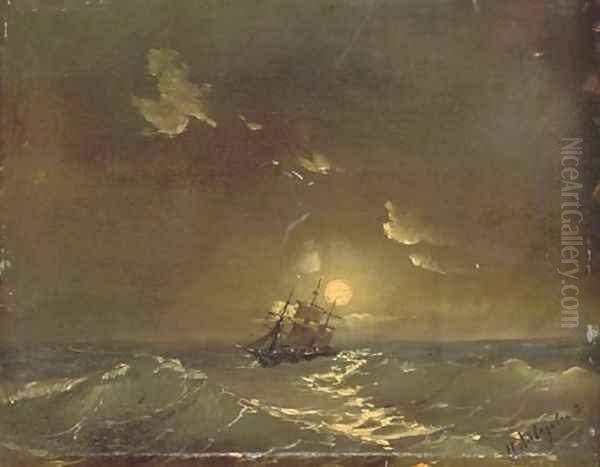 A ship in moonlit waters Oil Painting by Ivan Konstantinovich Aivazovsky