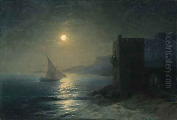 Coastal Fortress with Felucca by Moonlight Oil Painting by Ivan Konstantinovich Aivazovsky