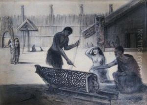 Maori Working On A War Canoe (waka - Taua) In Front Of Hotonui Meeting House Oil Painting by Louis John Steele