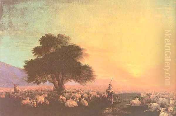 Flock of sheep with herdsmen sunset Oil Painting by Ivan Konstantinovich Aivazovsky