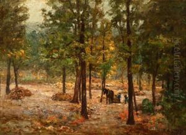 Raking Leaves In Indiana Woods Oil Painting by Theodore Clement Steele