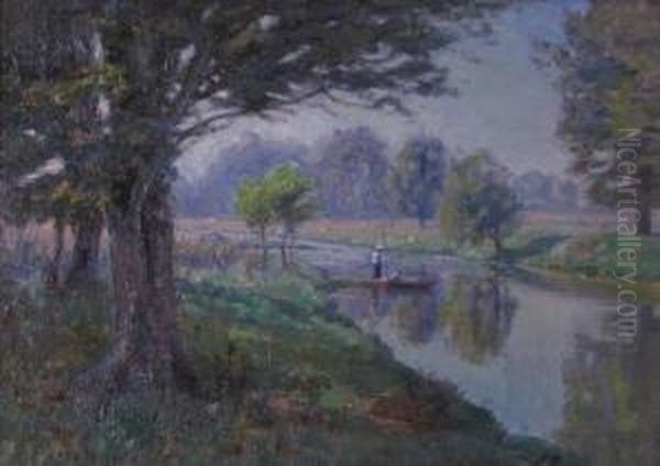 Indiana Landscape Depicting Two Boys Fishing In A Stream Oil Painting by Theodore Clement Steele