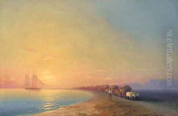 Ox train on the sea shore Oil Painting by Ivan Konstantinovich Aivazovsky