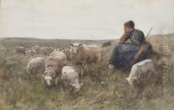 A Shepherdess With Her Flock Oil Painting by Willem Steelink