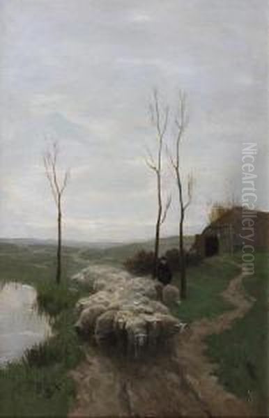 Shepherd And Flock By A Pond Oil Painting by Willem Steelink