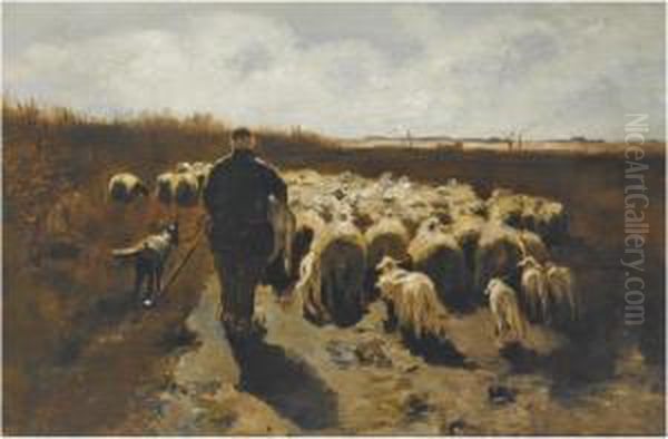 A Shepherd With His Flock In In An Autumn Landscape Oil Painting by Willem Steelink