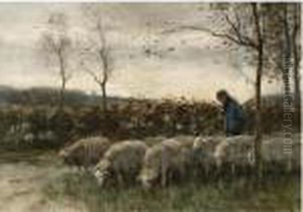 A Shepherd With His Flock Oil Painting by Willem Steelink