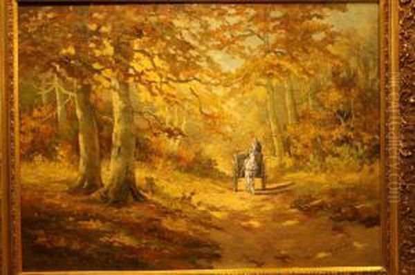 Boer Met Paard En Wagen Op Herfstboslaan Oil Painting by Willem II Steelink