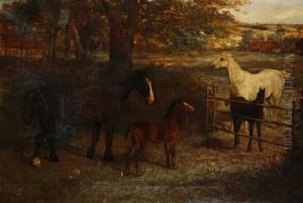 Horses In A Paddock Oil Painting by David George Steell