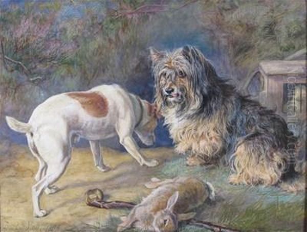 Terriers And A Ferret Guardingtheir Quarry Oil Painting by David George Steell