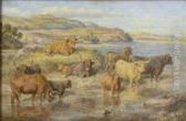 Highland Cattle On Loch Dochart Oil Painting by David George Steell