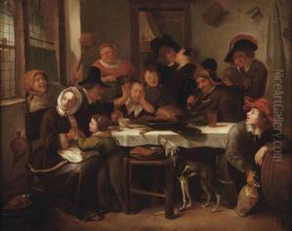 A Merry Company Eating And Drinking In An Interior Oil Painting by Jan Steen